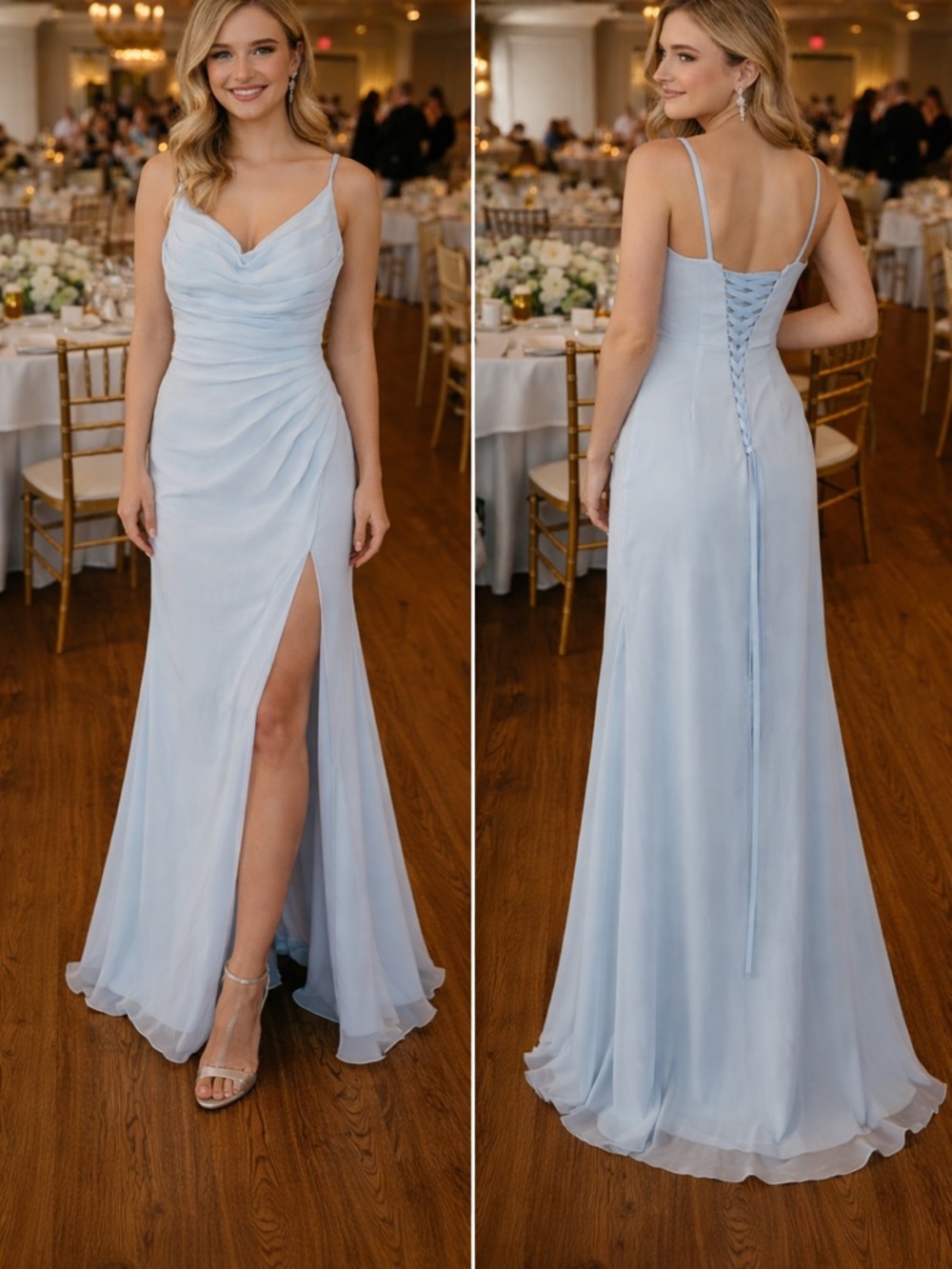 Source Unknown Light Blue Spaghetti Strap Maxi Dress with Lace-Up Back